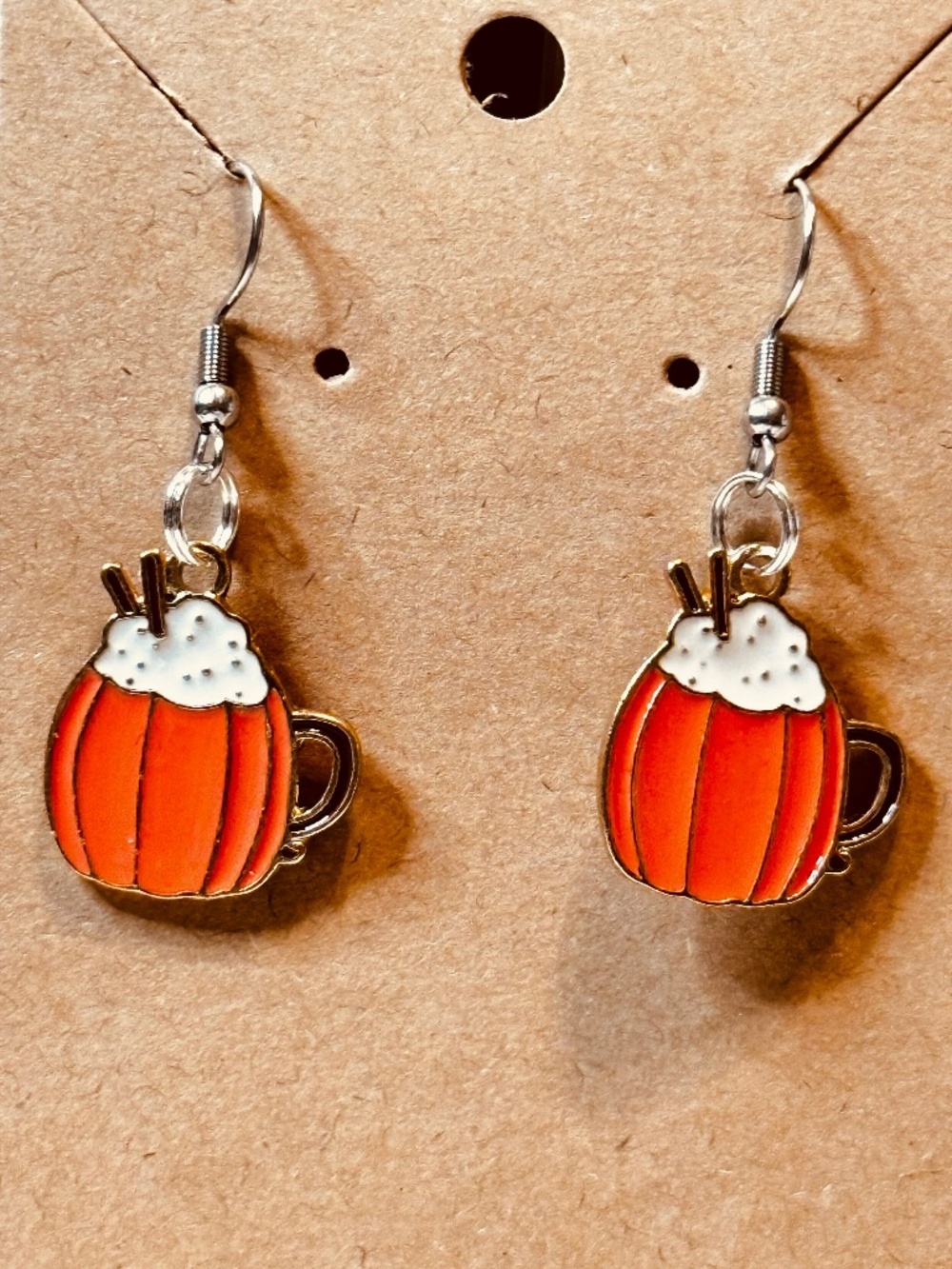 Handmade Pumpkin Spice Latte Earrings Fall Coffee Enamel Stainless Steel Dangles - Picture 1 of 6